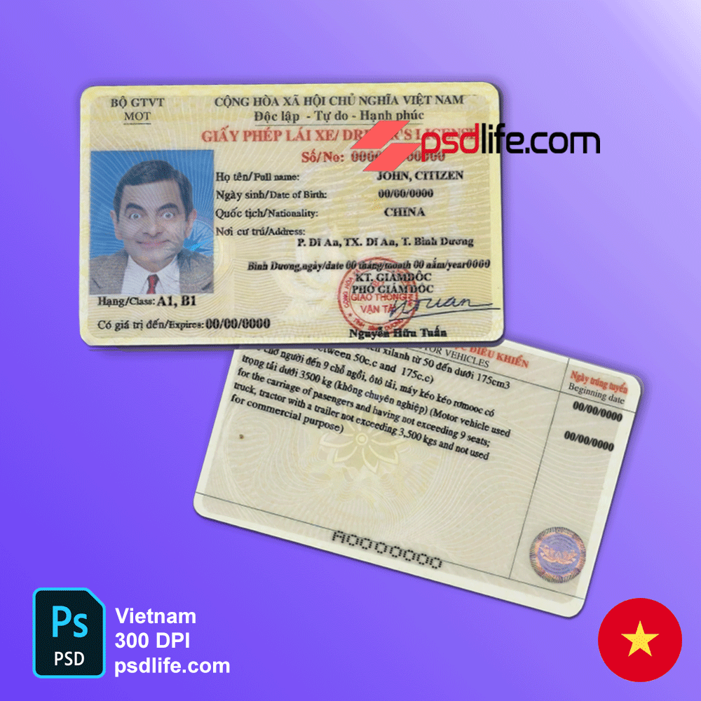 download free Completely editable Vietnam driver license template in PSD format .Top-quality easy fillable templates at best prices.Purchase this template at a 'Unique