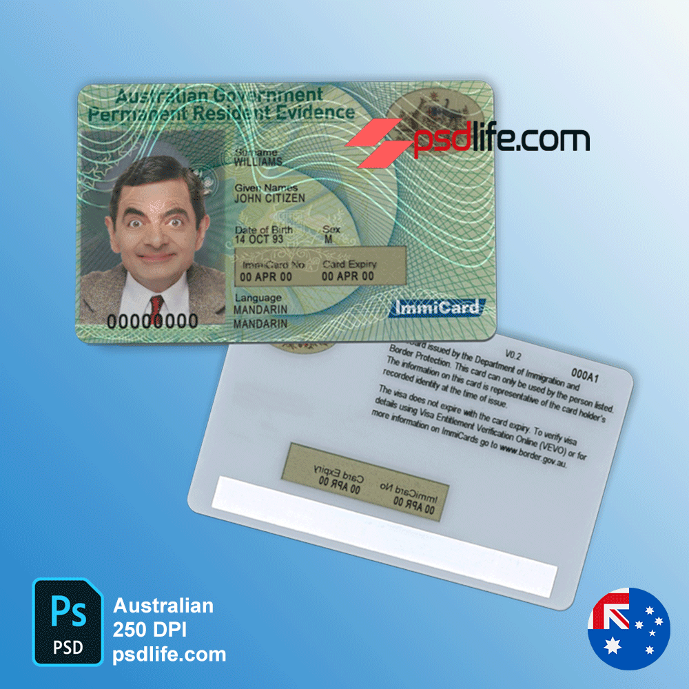 Download free Australia permanent residence card psd template fully editable | Australian resident card blank both side imformation replaceable