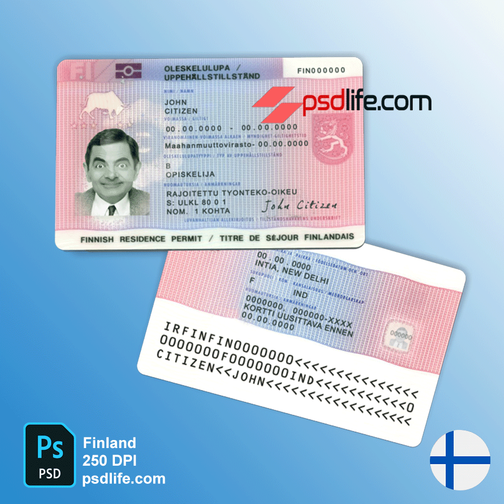 Download free finland fake residence permit psd template | finland resident permit card editable and all details replaceable