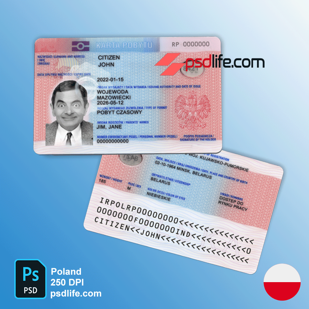 Download free Poland fake residence permit psd template front + back | By purchasing Poland Residence Card template you get: High Quality Poland Residence Card in psd format. Layer based & Fully Easy editable