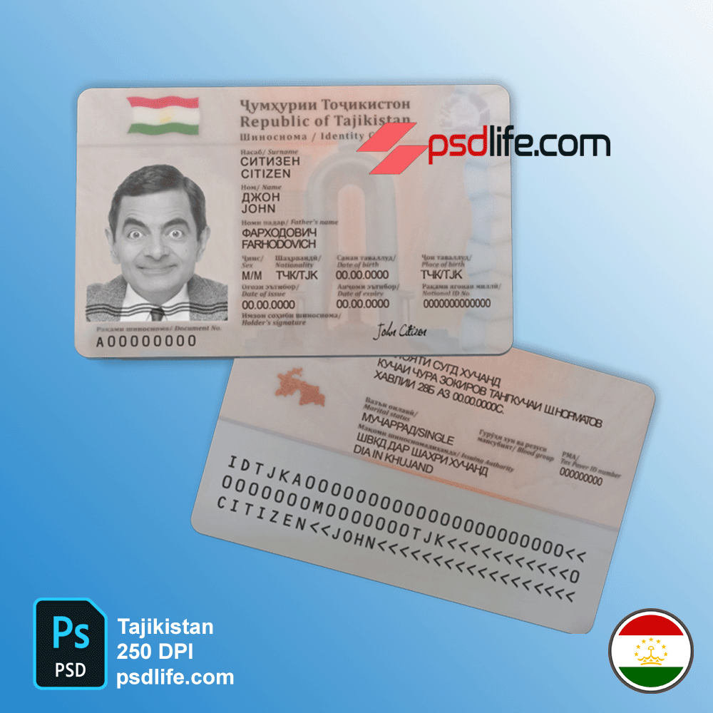 Download free Tajikistan fake national id card psd template | all layers and photos are fully editable in photoshop format