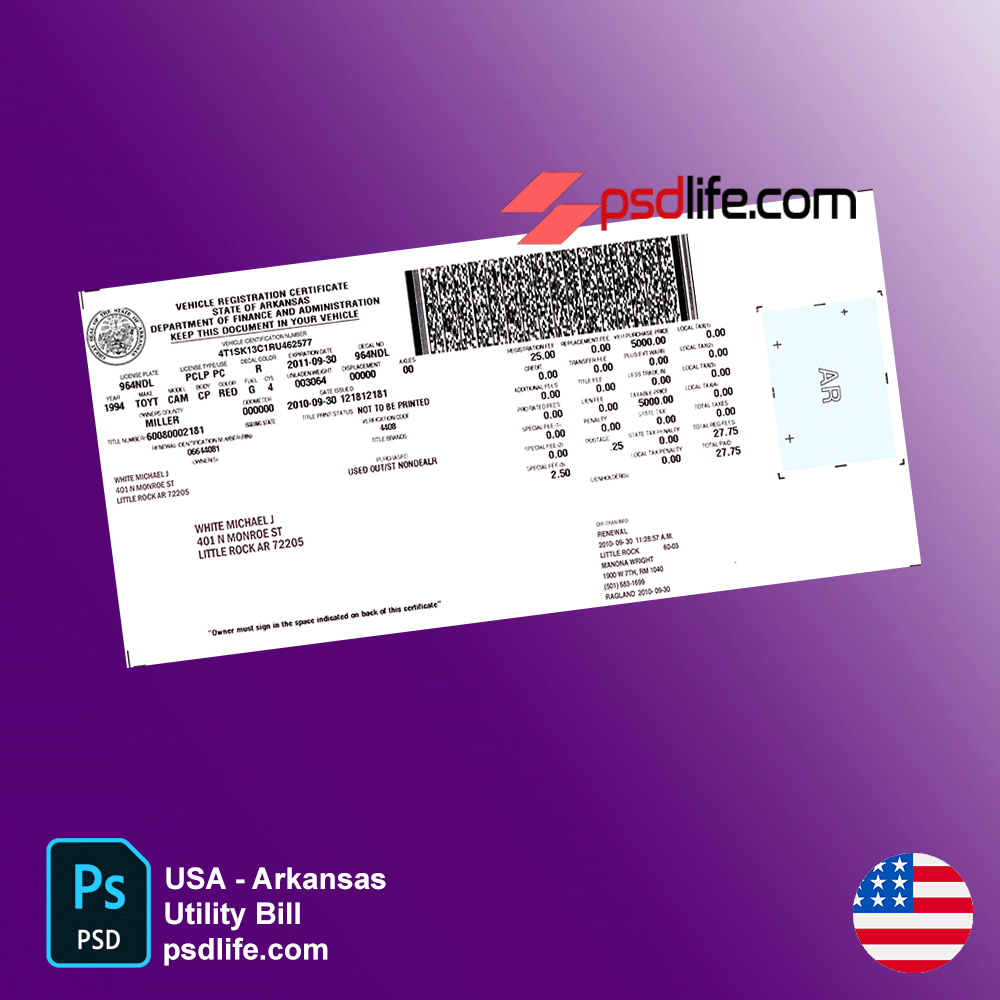Arkansas Vehicle Regestration certificate psd template fully editable