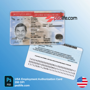 Download free USA ( American ) fake employment authorization card PSD template | all details fully editable with all fonts