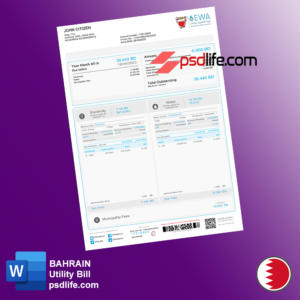 Download free Bahrain EWA ( Electricity and Water Authority ) utility bill in word editable template